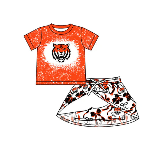 7.10 Custom Moq 3 Baby Girls Short Sleeves Orange Tigers Top Bows Skorts Team Sets