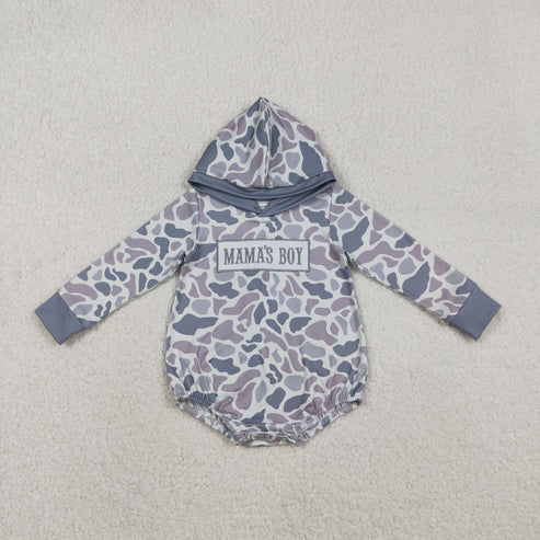 12.3 LR2794 Embroidery Baby Boys Grey Camo Mama's Boy Hoodie Romper