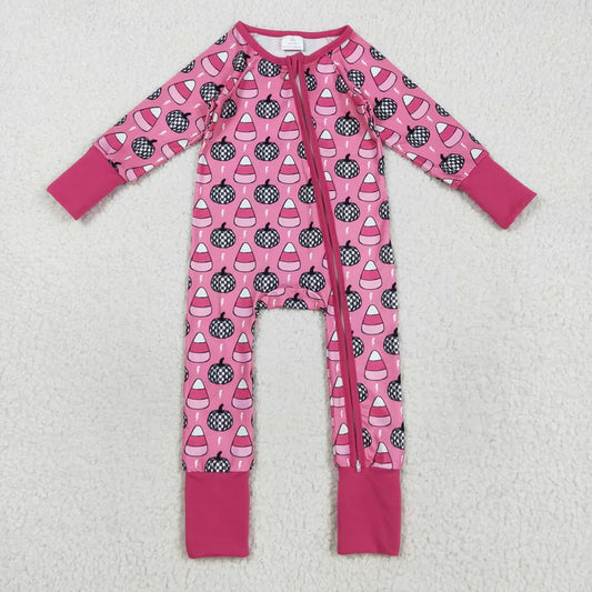 8.22 LR2467 Baby Girls Long Sleeves Plaid Pumpkins Candy Zipper Pant Romper