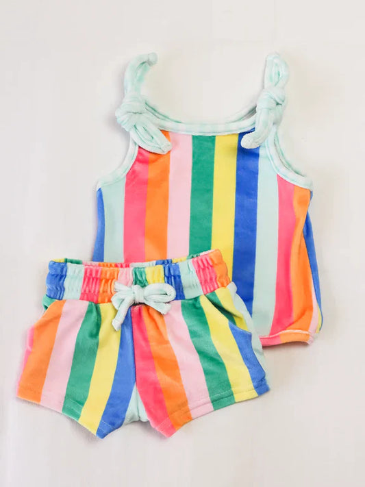 4.17  GSSO2540 Baby Girls Sleeveless Colorful Stripe Top Pockets Short Set Preorder
