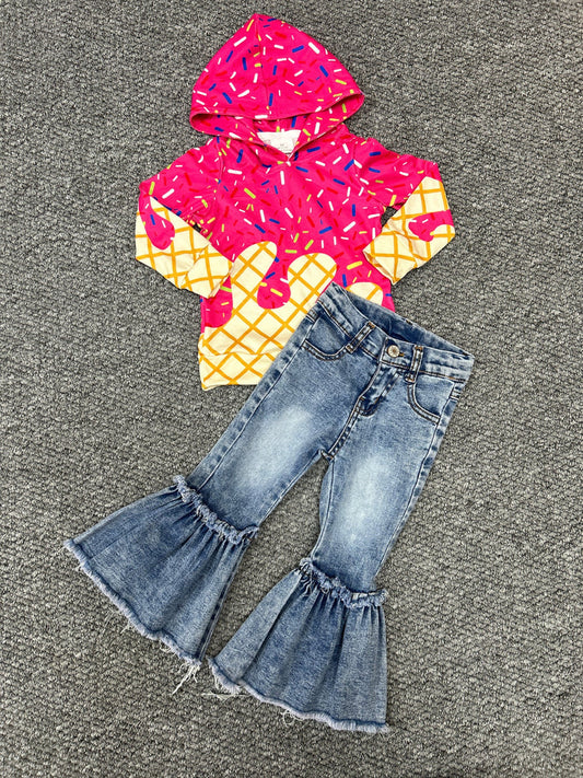 8.15 BT1271+P0676 Baby Girls Hot Pink Drip Hoodie Top Denim Bell Bottom Pants Team Set