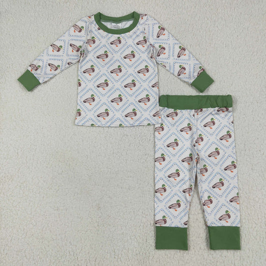 8.2 Baby Boys Long Sleeves Green Ducks Plaid Top Pant Pajamas Set