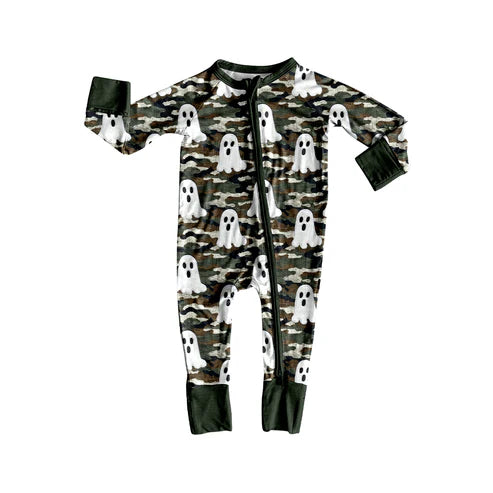 7.29  LR2455 Baby Boys Long Sleeves Green Camo Ghosts Zipper Rompers Preorder
