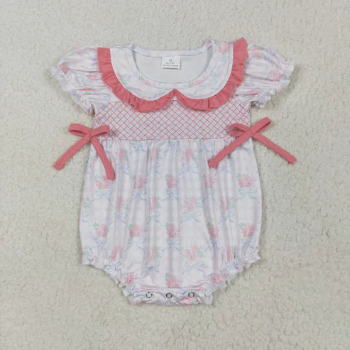5.3  SR2917 Baby Infant Girls Pink Short Ruffle Sleeves Floral Bows Top Romper