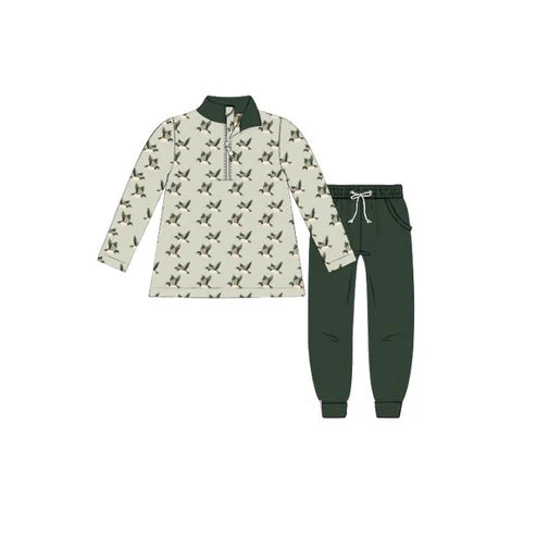 10.20 BLP1309 Baby Boys Green Ducks Plaid Zip Pullover Pockets Pants Hunting Clothes Sets Preorder