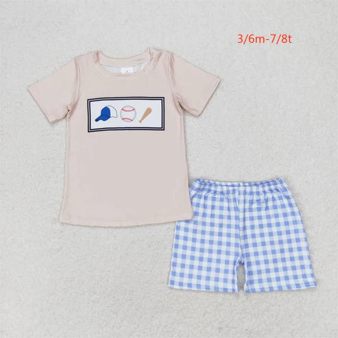 BSSO0919 Baseball beige short-sleeved plaid shorts suit