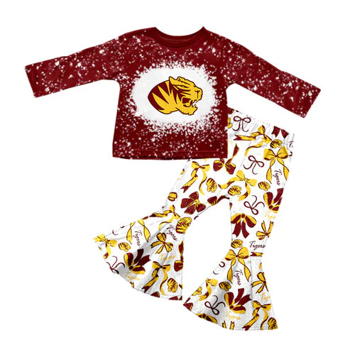 10.10 Custom Moq 5 Baby Girls Tiger Top Team Bows Bell Bottom Pants Sets