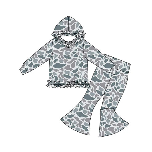 11.3 GLP3076 Baby Girls Grey Camo Ruffle Hoodies Bell Bottom Pants Southern Clothes Sets Preorder