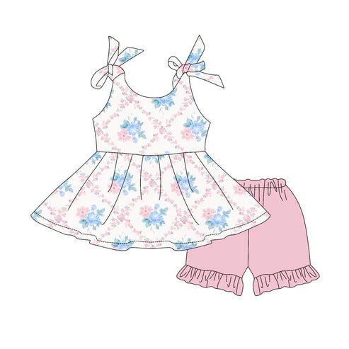 4.16 GSSO2537 Baby Girls Strap Pink Floral Plaid Tunic Ruffle Short Set Preorder