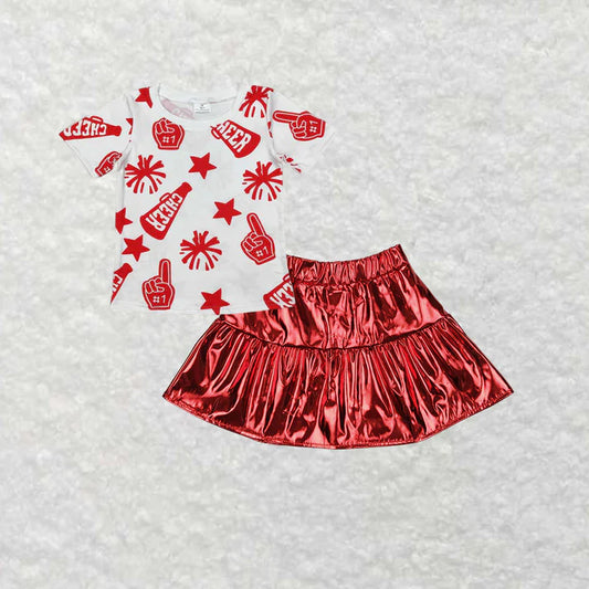 3.26  GT0940+GLK0041 Baby Girls Cheer Shirt Red Leather Skirts Clothes Set