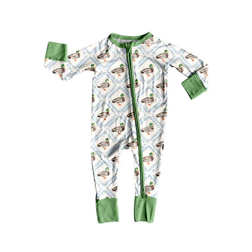 6.6  LR2269 Baby Girls Long Sleeves Green Ducks Plaid Zipper Rompers Preorde