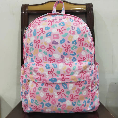 8.13 BA0319 Baby Kids Pink Leopard Bows School Zipper Ruffle Back Bags