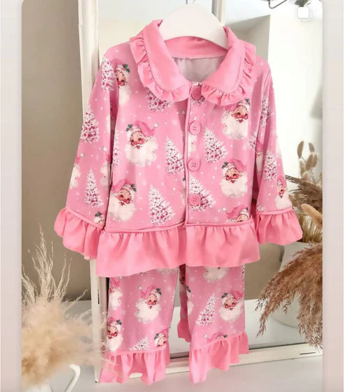 8.5 GLP2685 Baby Girls Pink Santa Trees Plaid Button Top Pants Christmas Pajamas Set Preorder