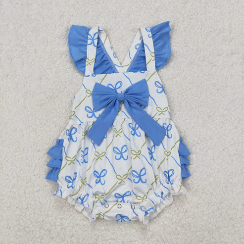 3.29 SR2720 Baby Infant Girls Blue Bows Bubbles Romper