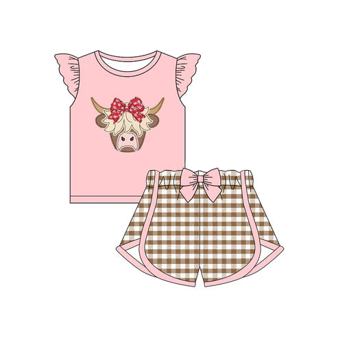 6.14 GSSO2640 Baby Girls Pink Flutter Sleeves Bow Highland Top Plaid Short Set Preorder