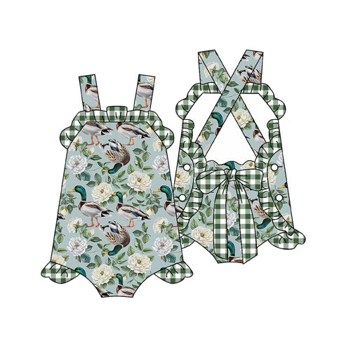 3.22  SR2940 Baby Infant Girls Green Strap Ducks Floral Backless Plaid Bow Ruffle Rompers Preorder