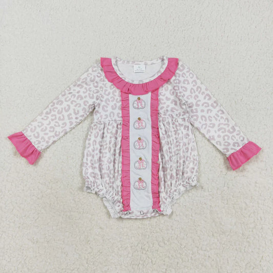 8.22 LR2220 Embroidery Baby Girls Long Sleeves Leopard Bows Pumpkins Ruffle Romper