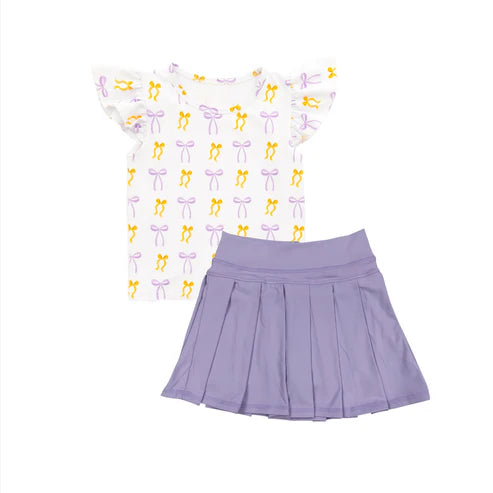 8.6 GSD2789 Baby Girls Yellow Purple Bows Shirts Top Yoga Pleated Skorts Set Preorder