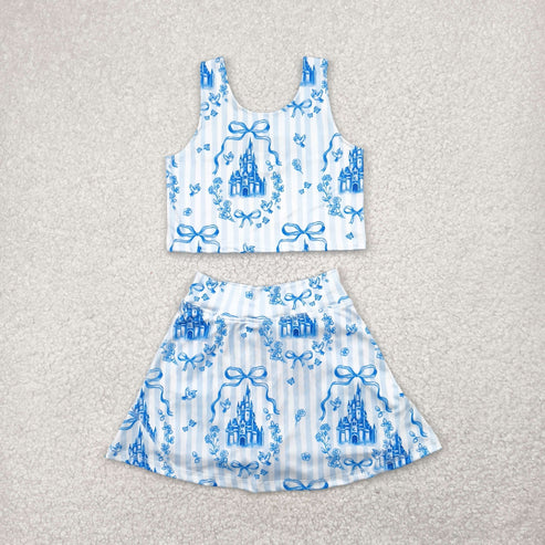4.29 GSD2198 Baby Girls Blue Castles Athletic Active Wear Top Shorts Skirts Outfit