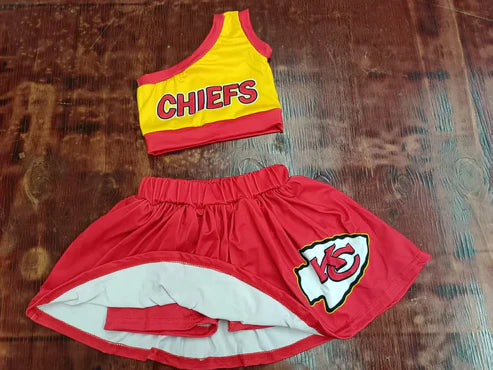4.30   Preorder moq 3 Baby Girls One Shoulder CHIEFS Vest Top Red KC Skort Set