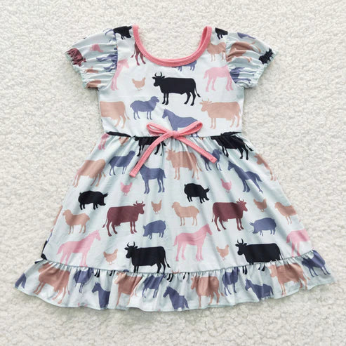 7.28 rts no moq GSD0306 Cow Horse Chicken White Short Sleeve Dress