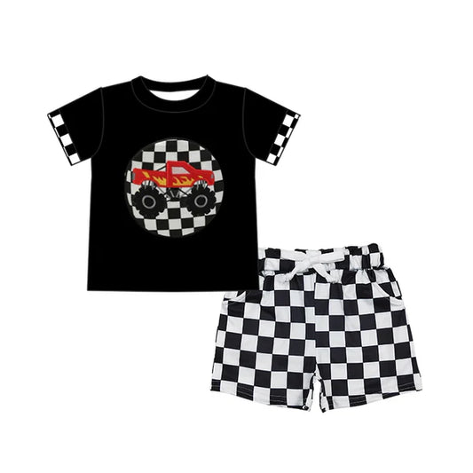 L-3.5 BSSO1306 Baby Boys Black Checkered Truck Top Camo Shorts Clothes Sets Preorder