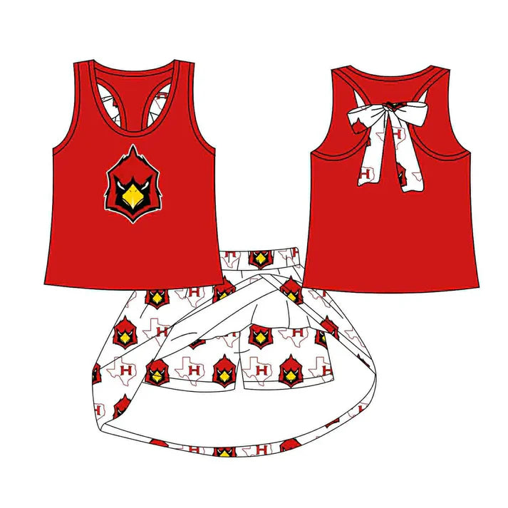 8.19 Custom Moq 5 Baby Girls Red Bird bow vest team Top Skirt Skort Sets