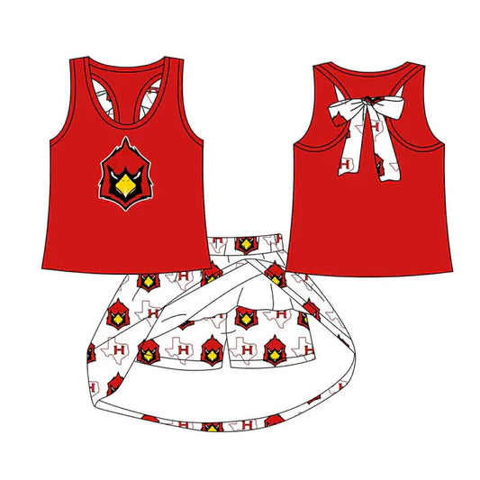 8.19 Custom Moq 5 Baby Girls Red Bird bow vest team Top Skirt Skort Sets