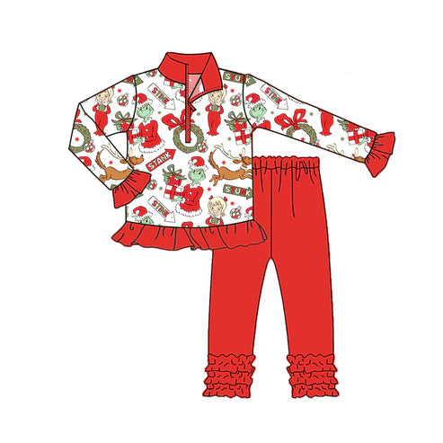 8.6 GLP2677 Baby Girls Green Face Holly Zipper Pullovers Ruffle Pant Christmas Set Preorder