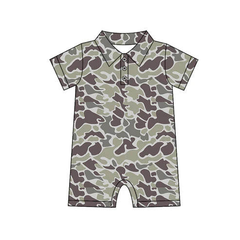 3.28 SR2977 Baby Infant Boys Short Sleeves Dark Gray Camo Button Rompers Preorder
