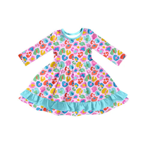 7.30 GLD1203 Baby Girls Long Sleeves Colorful Leopard Ruffle Knee Length Dresses