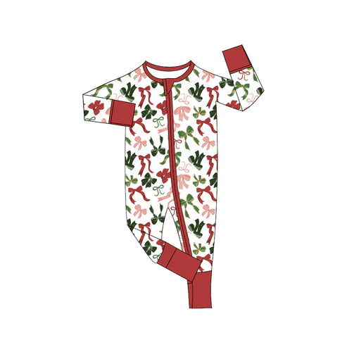 5.21  LR2203 Baby Kids Long Sleeves Red Green Bows Zipper Pant Rompers Preorder