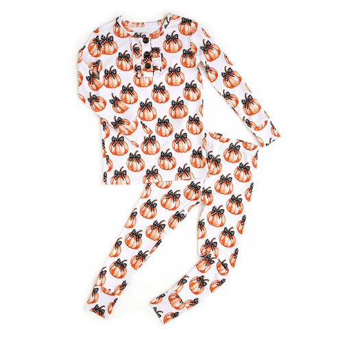 8.7 GLP2700 Baby Girls Bows Pumpkins Plaid Button Top Pant Fall Pajamas Set Preorder