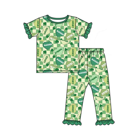 9.30 GSPO2091 Baby Girls Green Checked Clovers Hearts Ruffle Pants St Patrick Pajamas Sets Preorder