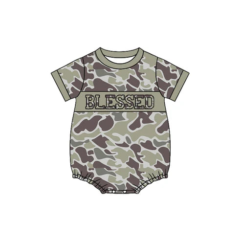 10.20  SR3262 Baby Boys Dark Grey Camo Blessed Southern Rompers Preorder