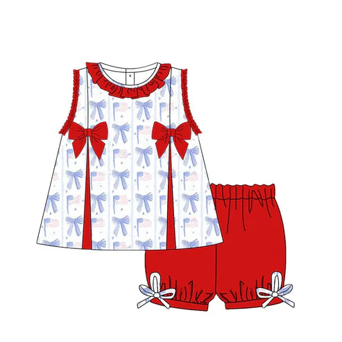 3.21  GSSO2373 Baby Girls Sleeveless Red Blue Bows Flags Tunic Ruffle Shorts 4th Of July Set Preorder