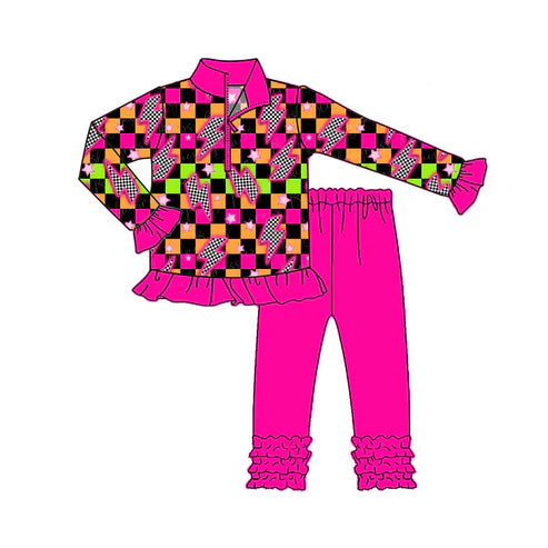 7.28 GLP2607 Baby Girls Long Ruffle Sleeves Lights Stars Plaid Zipper Top Legging Pant Set Preorder