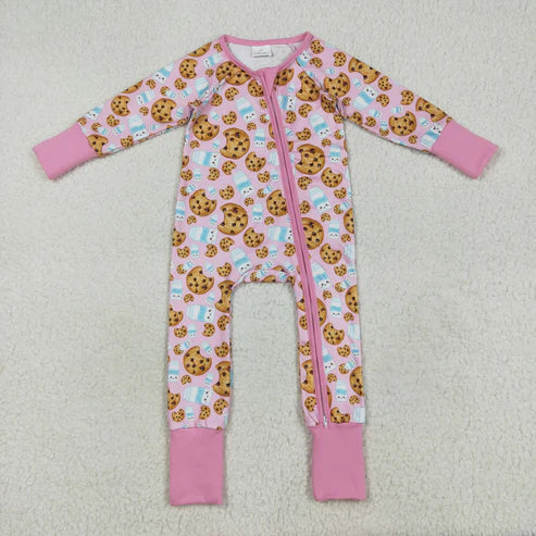 8.13 LR2398 Baby Girls Pink Long Sleeves Milk Cookies Zipper Pant Romper