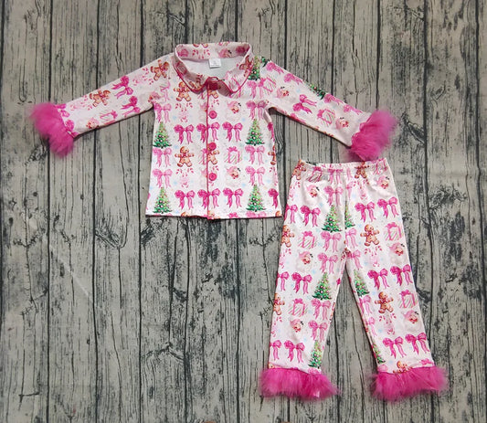 6.16 GLP2375 Baby Girls Hot Pink Long Sleeves With Fur Bows Gingerbread Trees Button Top Pants Pajamas Set Preorder