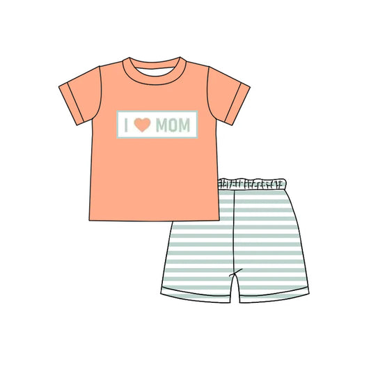 3.23 BSSO1435 Baby Boys Orange Short Sleeves I LOVE MOM Top Aqua Stripe Short Set Preorder