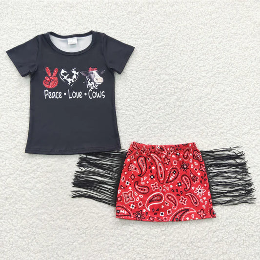 GSD0302 Girls cows Short sleeve Red fringe skirt set