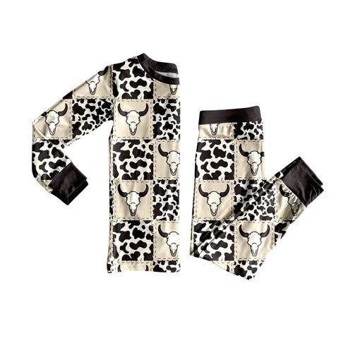 6.6 BLP1084 Baby Boys Long Sleeves Cows Print Bull Skull Plaid Top Pant Pajamas Set Preorder