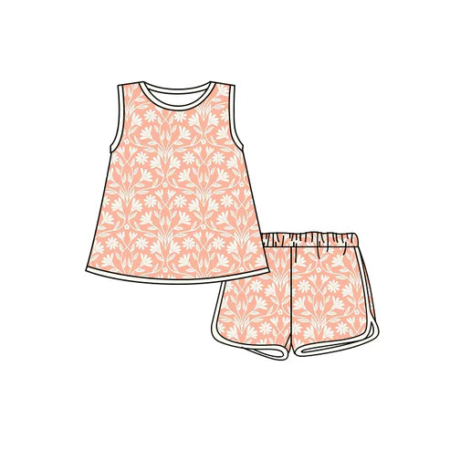 4.25 Preorder(moq 3) Baby Girls Sleeveless Peach Flowers Tunic Short Set