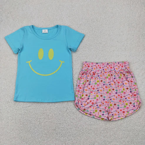 4.12 GT0960+SS0484 Baby Girls Blue Short Sleeves Smile Top Pink Floral Short Set