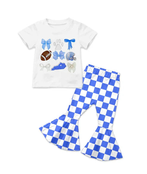 8.22 Custom MOQ 5 Baby Girls Short Sleeve Blue Bows Team Shirts Plaid Pant Sets
