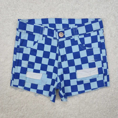 L-3.7  SS0093 Baby Girls Blue Checkered Distressed Denim Shorts