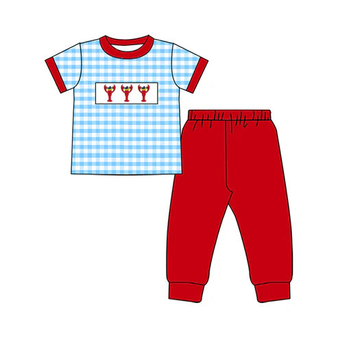 10.2 BSPO0602 Baby Boys Blue Checked Mardigras Crayfishes Top Pants Clothes Sets Preorder