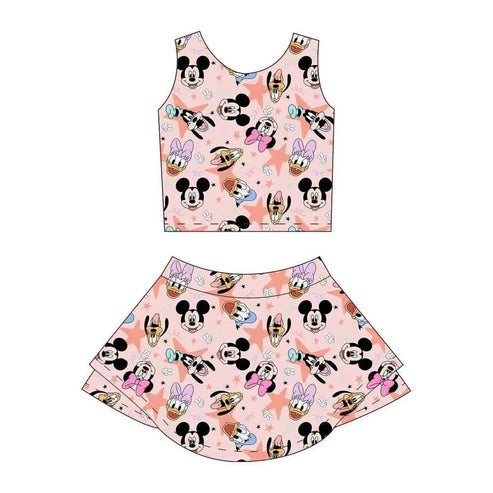 4.3 GSD2332 Baby Girls Sleeveless Cartoon Mouse Ducks Top Skort Yoga Set Preorder