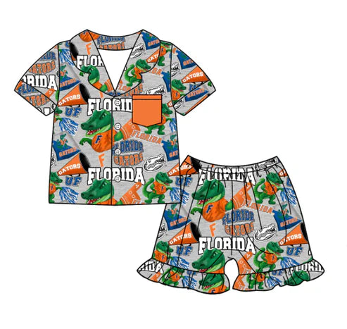 6.24 Custom Moq 3 Baby Girls Short Sleeves Dinosaurs Florida Button Pocket Top Ruffle Shorts Team Pajamas Set