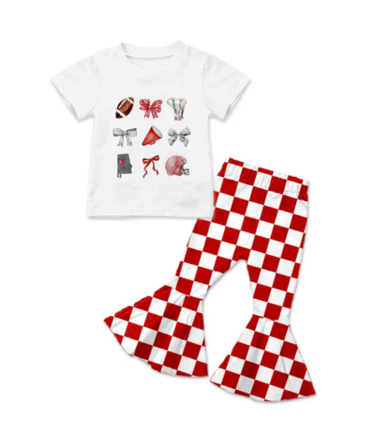 8.21  Custom MOQ 5 Baby Girls Short Sleeve Elephant Team Shirts Plaid Pant Sets
